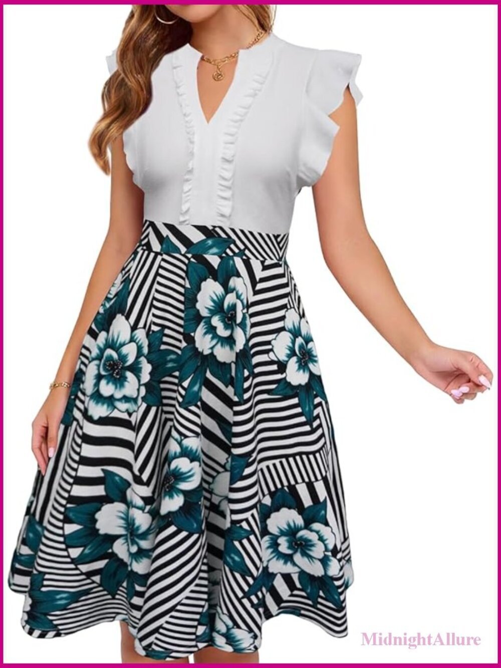 Womens V Neck Ruffle Sleeve A Line Swing Dress with Pockets